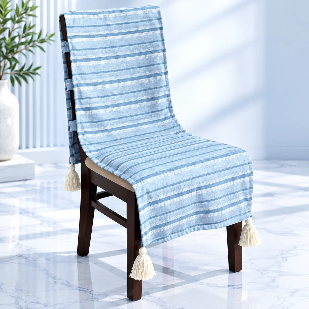 Blue Striped Chair Cover with Tassels