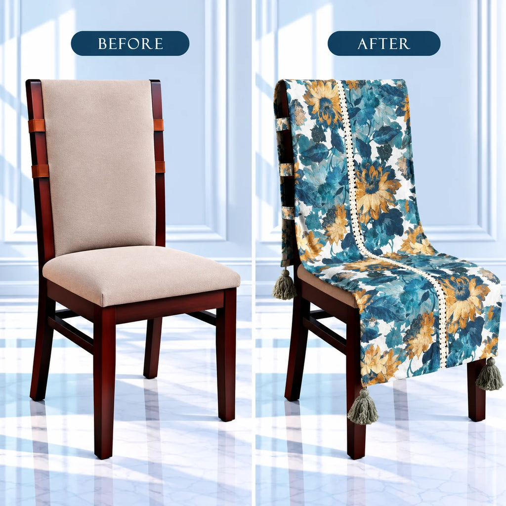 Teal Leaf & Golden Bloom Botanical Chair Cover with Tassels