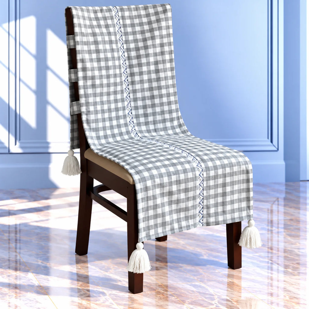 Checkered Grey White Chair Cover with Tassels