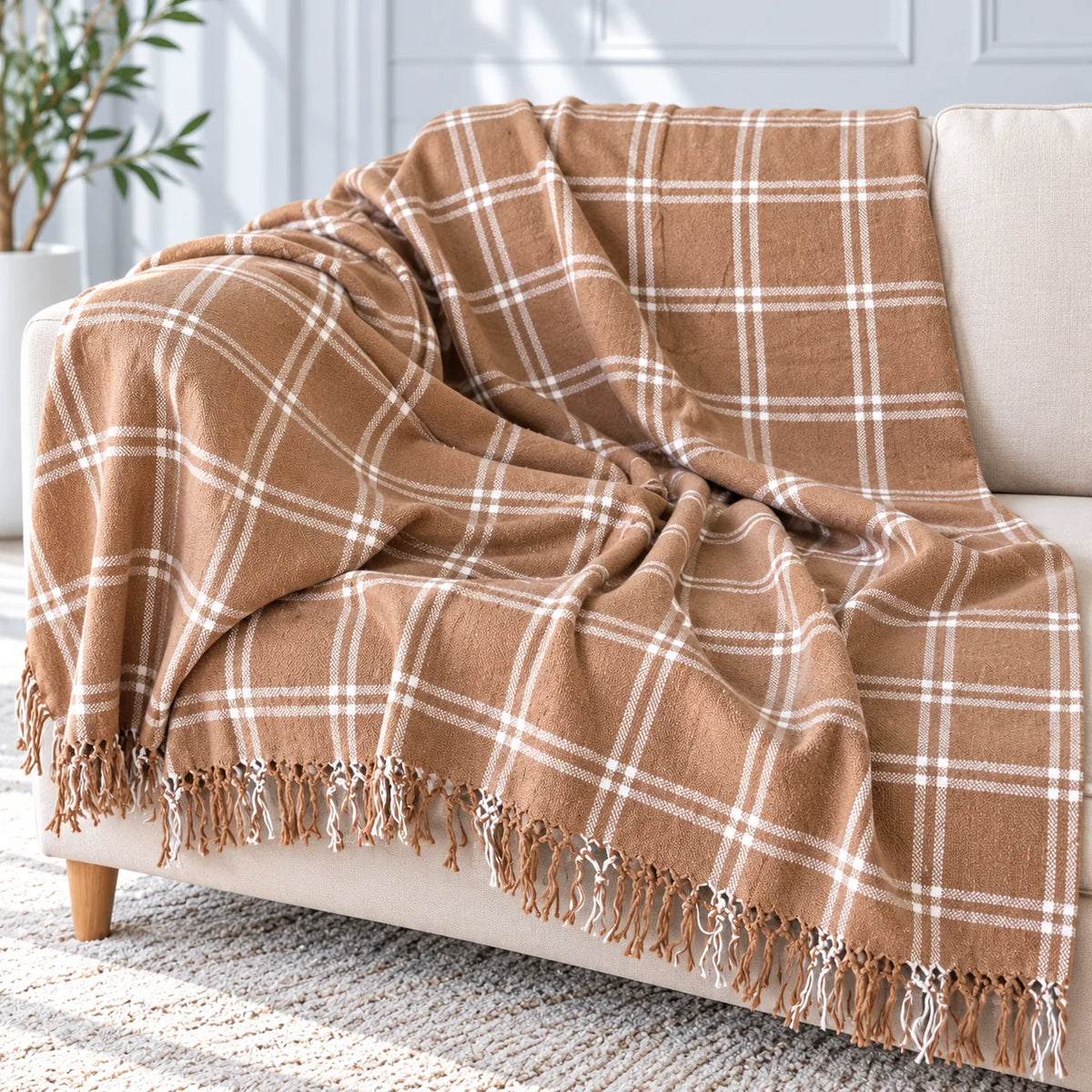 Caramel & White Plaid Cotton Throw Blanket