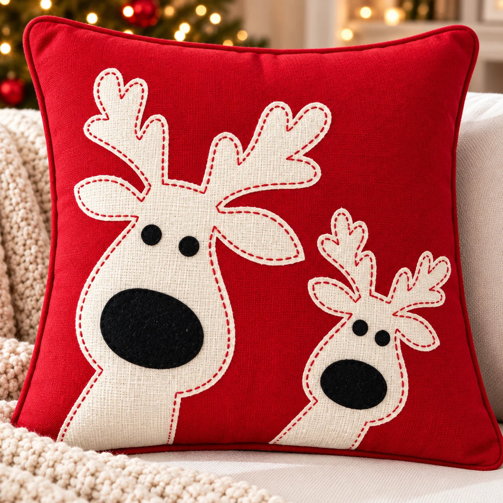 Jolly Reindeer Christmas Embroidered Cotton Cushion Cover â€“ 16 Ã— 16 Inches