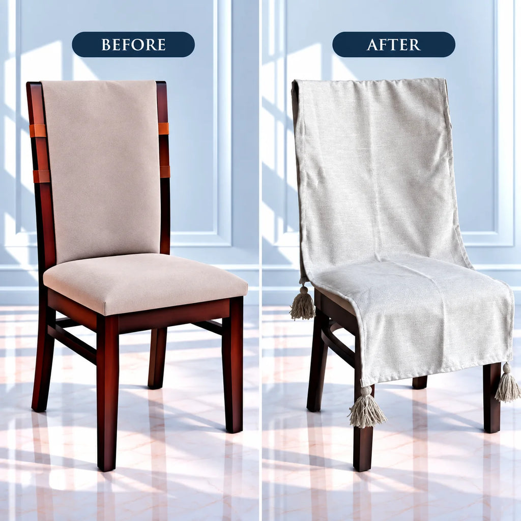 Snow Mist Slub Weave Chair Cover with Tassels