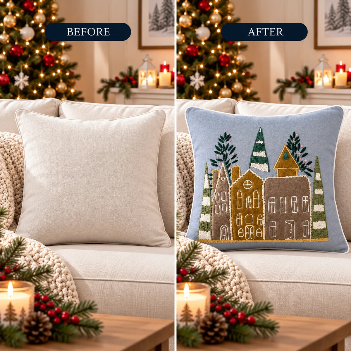 Christmas Village Embroidered Cotton Cushion Cover â€“ 16 Ã— 16 Inches