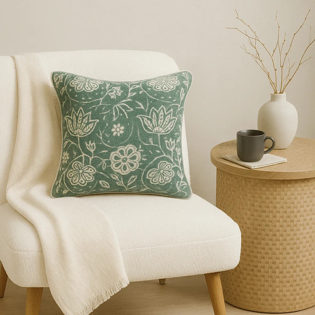 Verdant Elegance - Slub-Cotton Printed Cushion Cover - 40 X 40cm