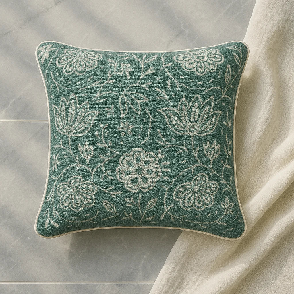 Verdant Elegance - Slub-Cotton Printed Cushion Cover - 40 X 40cm