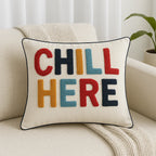 CHILL HERE Tufted Letter Cushion Cover, Aari Work Cotton with Navy Piping