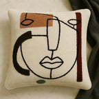 Cream Abstract Face Embroidered Slub Cotton Cushion Cover