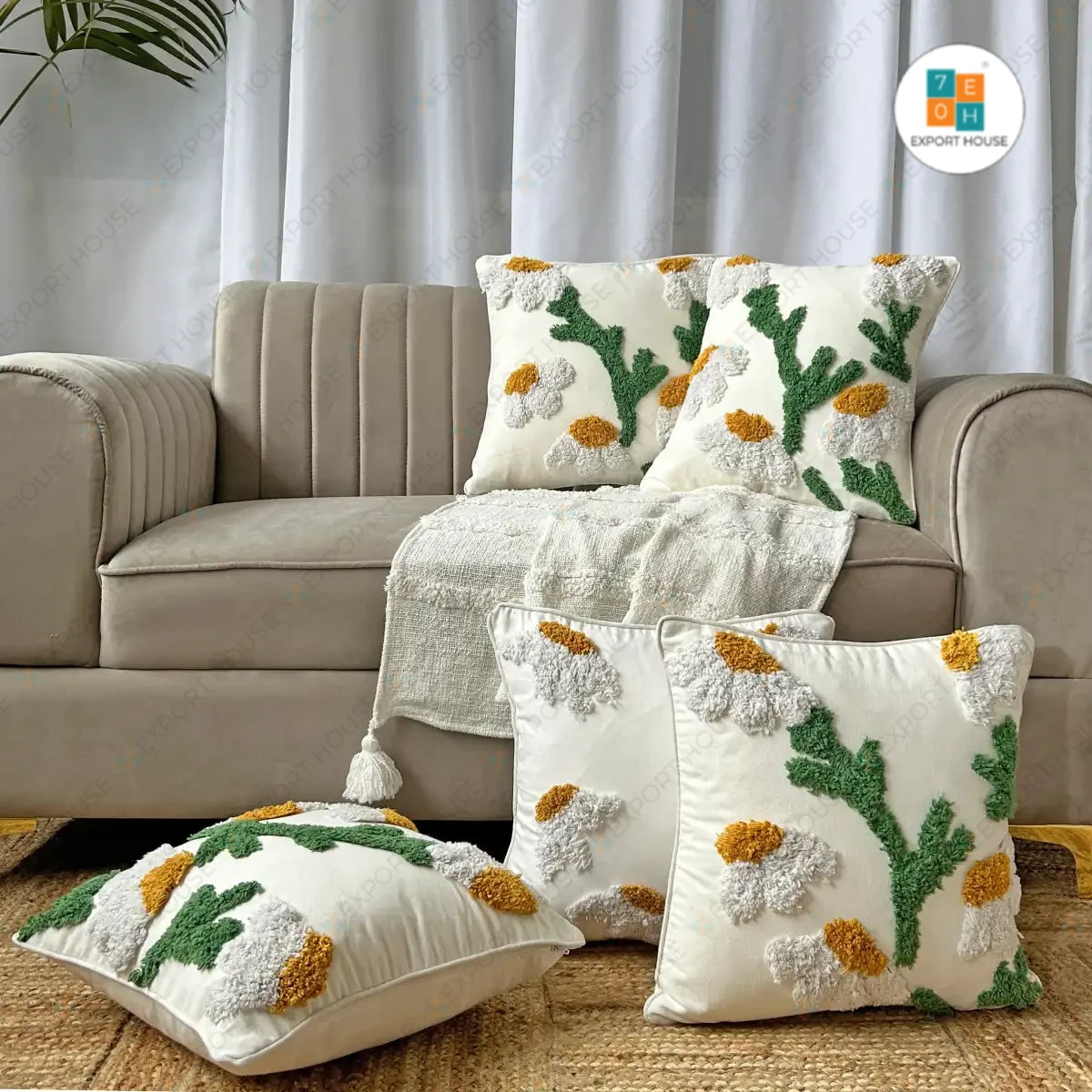 Daisy Flower Cotton Tufted Cushion Cover - Premium 16x16 Inch Decorative Pillow Case