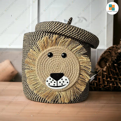 Lion Face Cotton Storage Basket | Cute case for Closet | Yellow and Blue | 25 cm