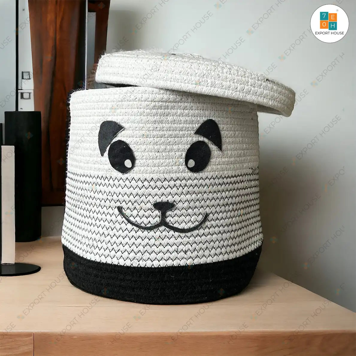 Happy Kitty Face Cotton Storage Basket | Cute case for Closet | Black and White | 25 cm