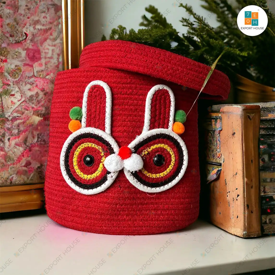 Cat Themed Cotton Storage Basket | Cute case for Closet | Red | 25 cm