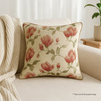 Red Magnolia Embroidered Cotton Cushion Cover with Tan Piping