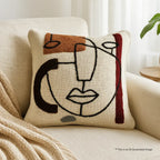 Cream Abstract Face Embroidered Slub Cotton Cushion Cover