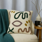 Abstract Fusion Embroidered Slub Cotton Cushion Cover, Green & Mustard