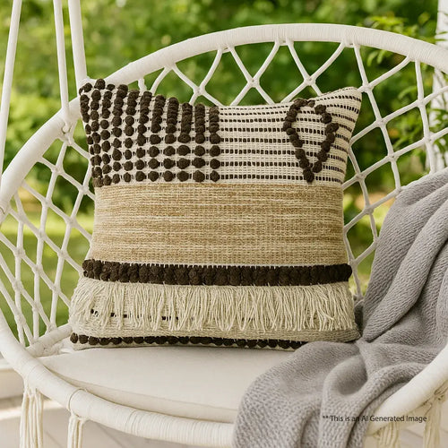 Natural Beige Pom-Pom Textured Cotton Cushion Cover