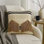 Off-White Striped Cotton Cushion Cover with Camel Fringe