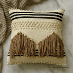 Off-White Striped Cotton Cushion Cover with Camel Fringe