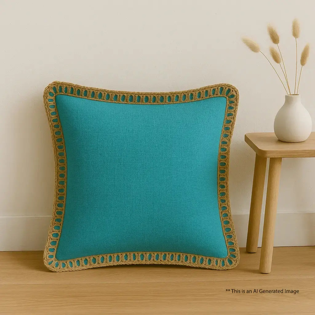 Azure Blue Jute Lace - Premium Cushion Cover