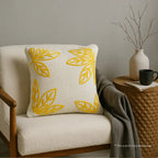 Natural White Slub Cotton Embroidered Cushion Cover with Yellow Leaves
