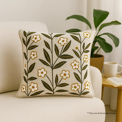 Slub-Cotton Embroidered Cushion Cover, 40cm X 40cm (16" X 16")