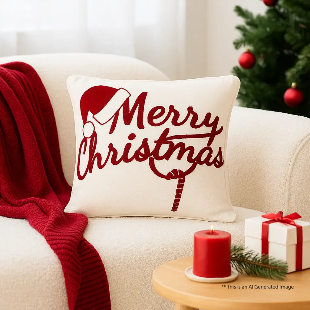Christmas Themed Cotton Embroidered Cushion Cover, Size:40cm X 40cm (16" X 16")