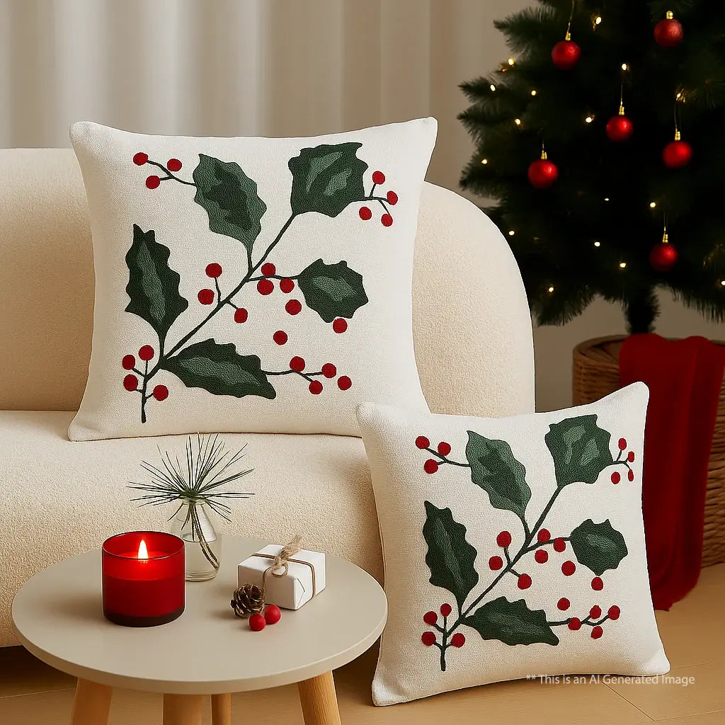Christmas Themed Cotton Embroidered Cushion Cover, Size:40cm X 40cm (16" X 16")