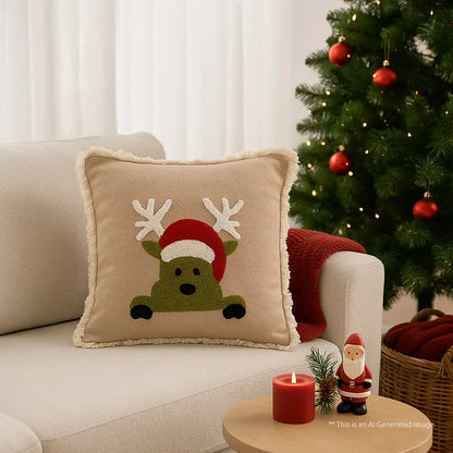 Christmas Themed Cotton Embroidered Cushion Cover, Size:40cm X 40cm (16" X 16")
