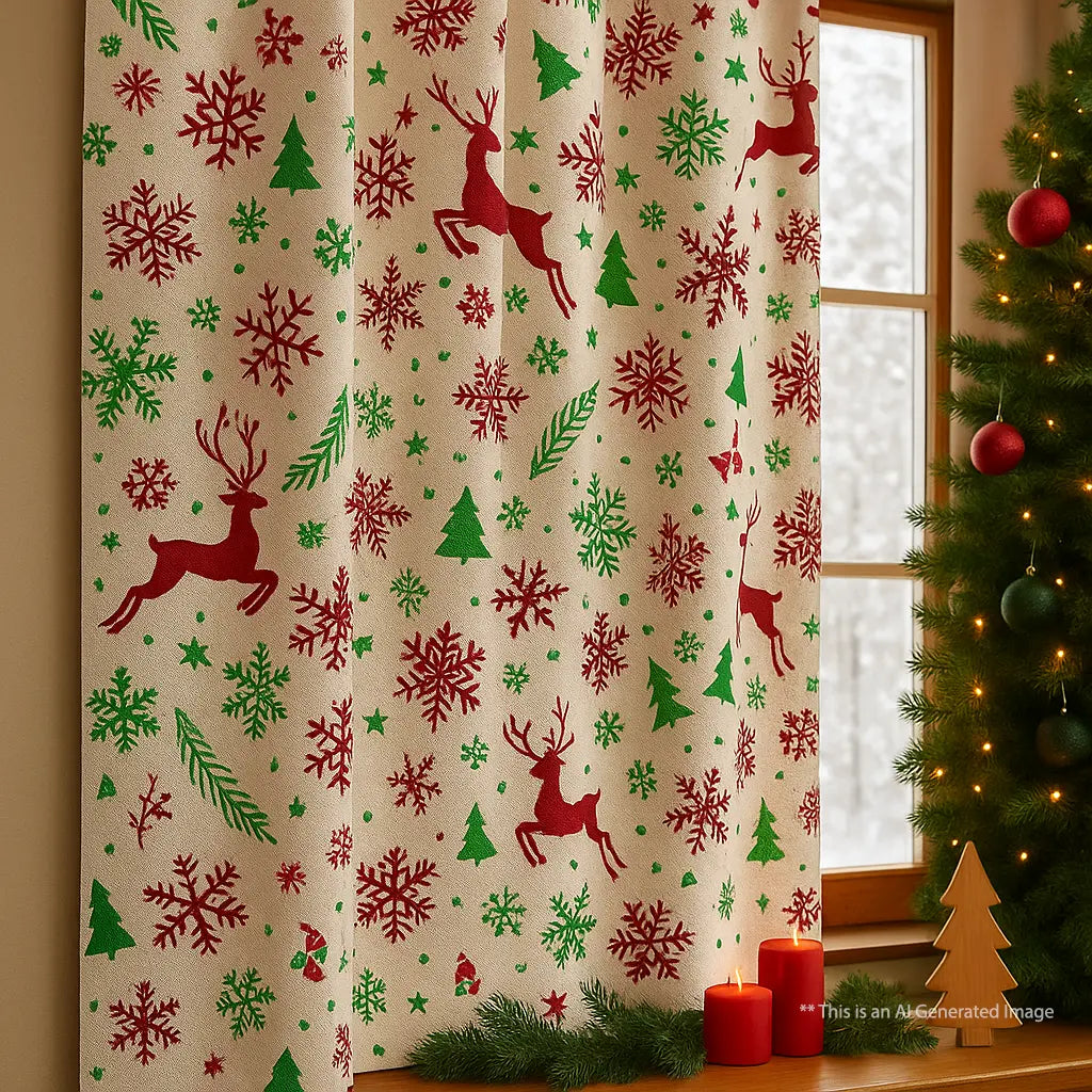 Christmas Themed Printed Cotton Curtain