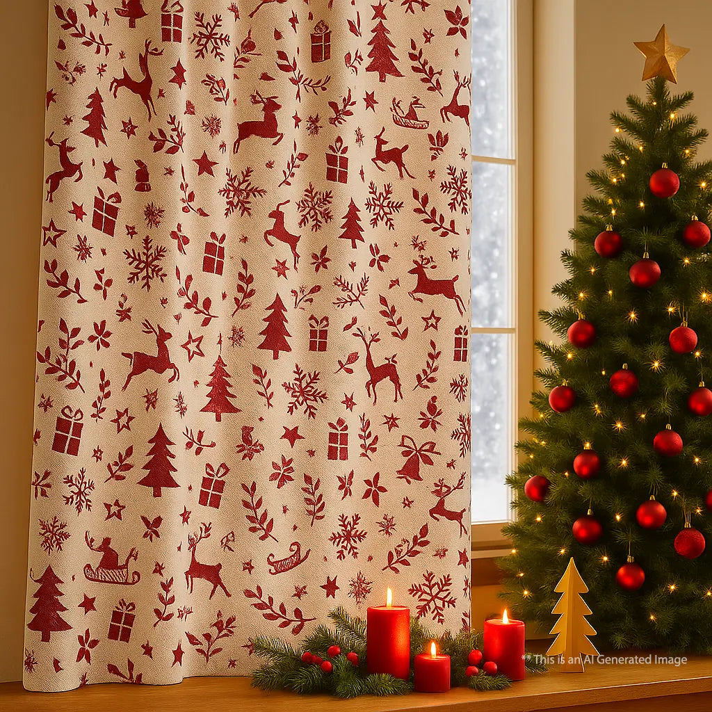 Christmas Themed Printed Cotton Curtain