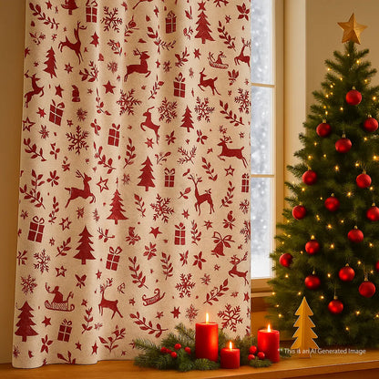 Christmas Themed Printed Cotton Curtain