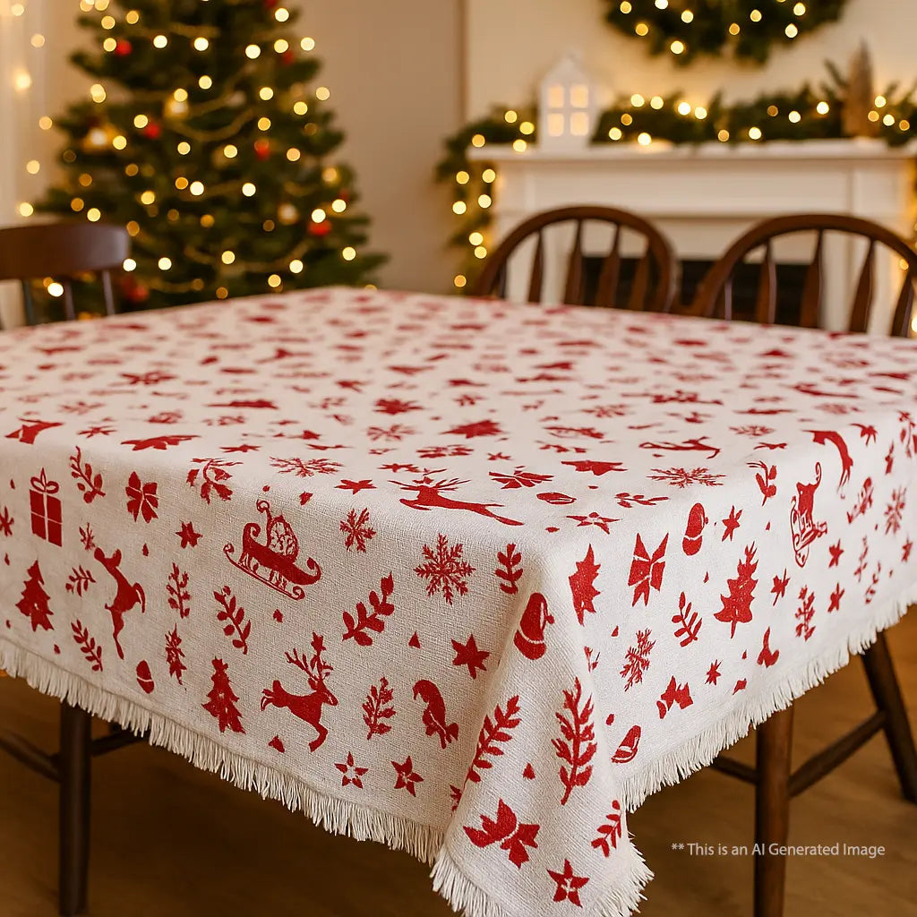 Christmas Themed Cotton Printed Cotton Dining Sheet, Size:152cm x 228cm (60" x 90")