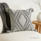Light Grey Tufted Diamond Cotton Cushion Cover with Corner Tassels