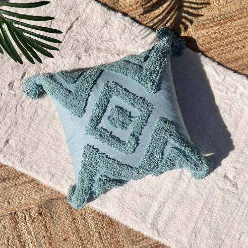 Aqua Blue Tufted Cotton Cushion Cover with Nested Diamond Pattern