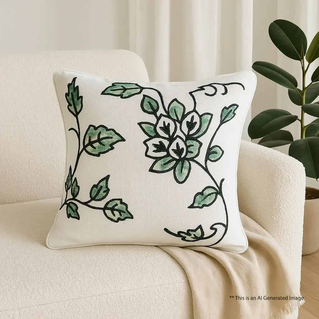 Slub-cotton Embroidered Cushion Cover, 40cm X 40cm (16" X 16")