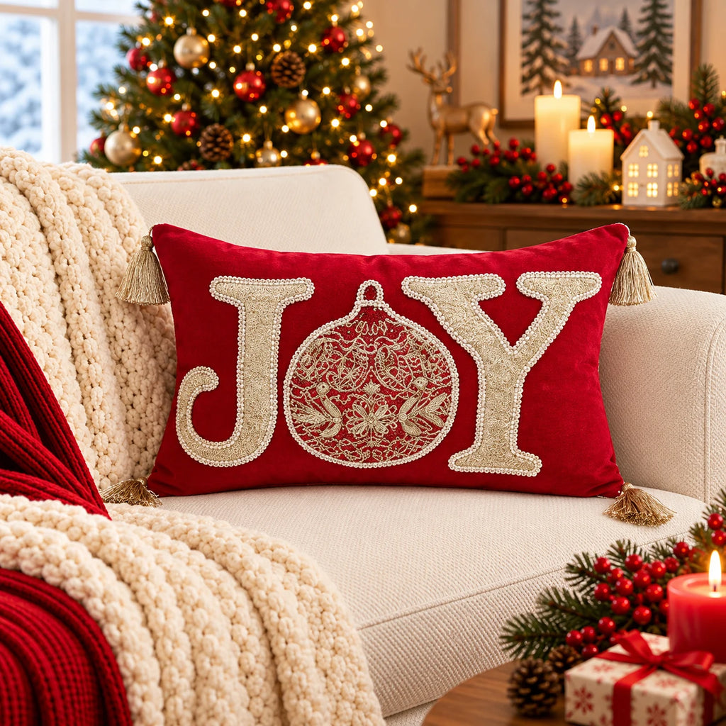 Joy Noel Embroidered Velvet Lumbar Cushion Cover