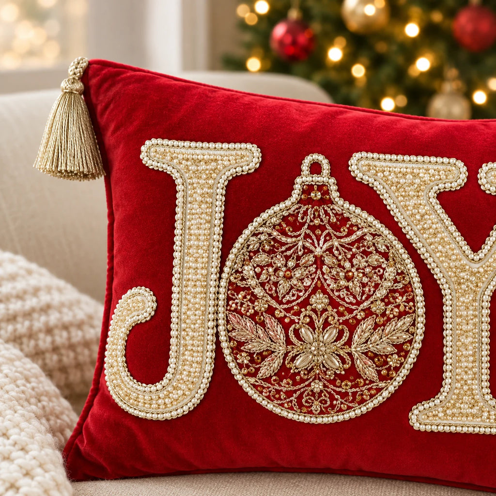 Joy Noel Embroidered Velvet Lumbar Cushion Cover