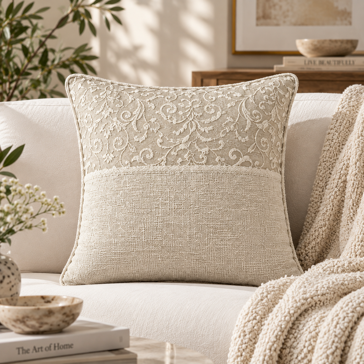 Ivory Scroll Embroidered Cotton Cushion Cover – Textured Design