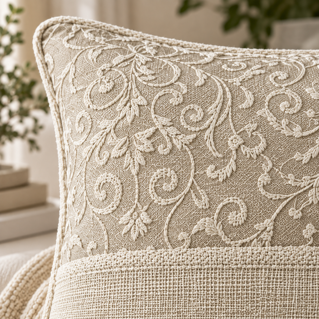 Ivory Scroll Embroidered Cotton Cushion Cover – Textured Design