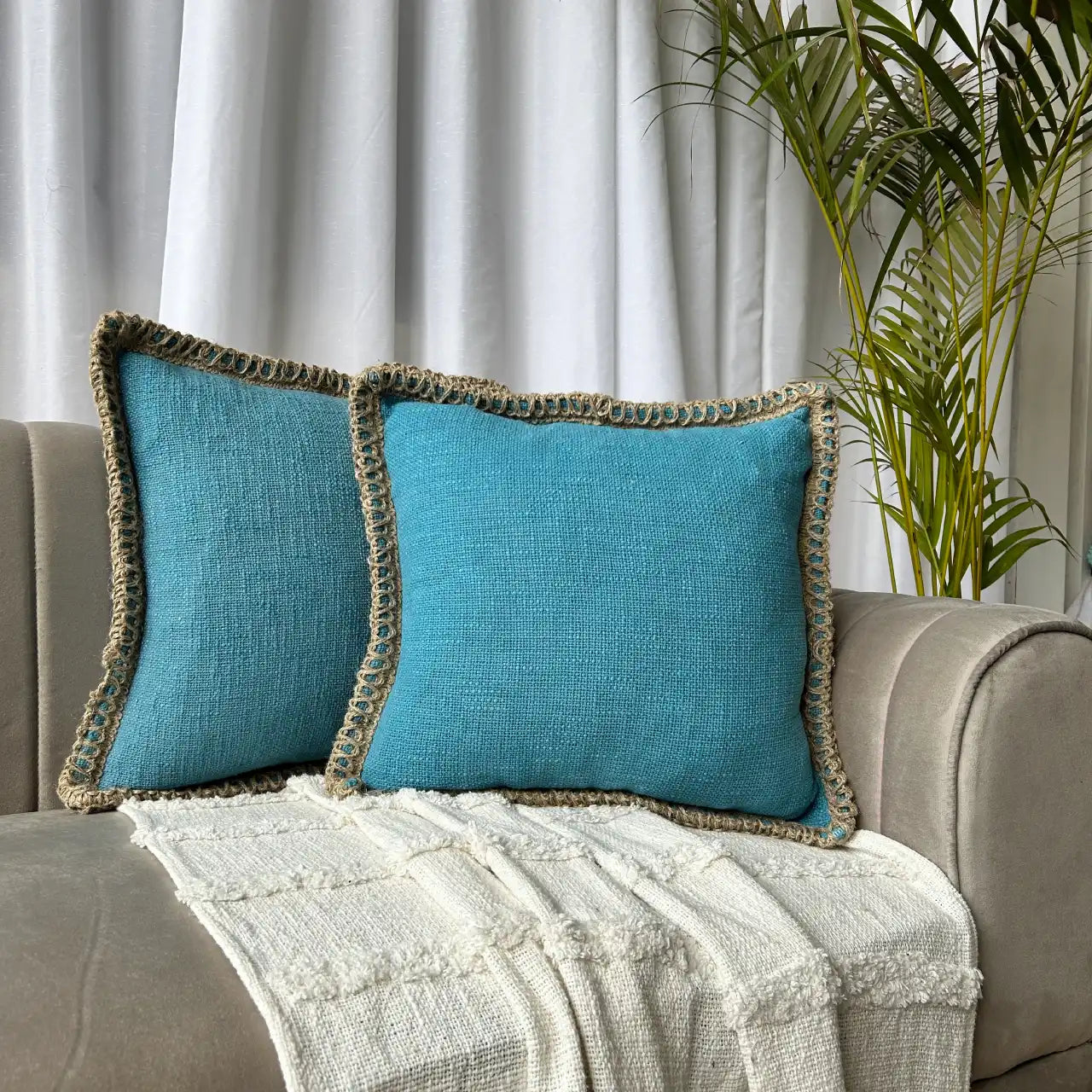 Azure Blue Jute Lace - Premium Cushion Cover