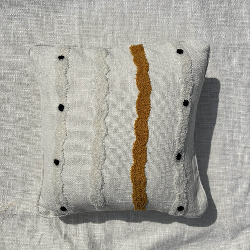 Cream Slub Cotton Tufted Cushion Cover with Yellow Wavy Stripe and Black Dots