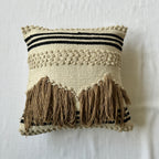Off-White Striped Cotton Cushion Cover with Camel Fringe