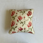 Red Magnolia Embroidered Cotton Cushion Cover with Tan Piping