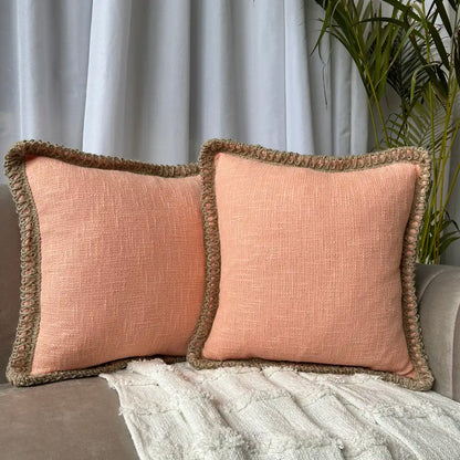 Soft Peach Jute Lace - Premium Cushion Cover