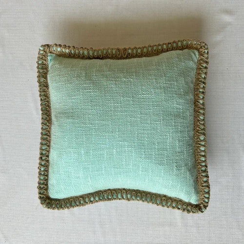 Spa Green Linen Look Pillow Cover with Woven Rope Trim