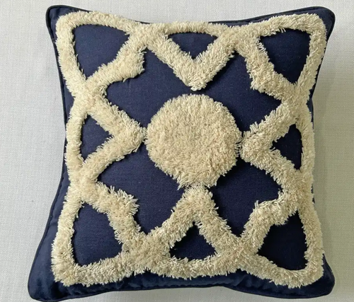Navy Blue Tufted Cotton Cushion Cover with Cream Geometric Star