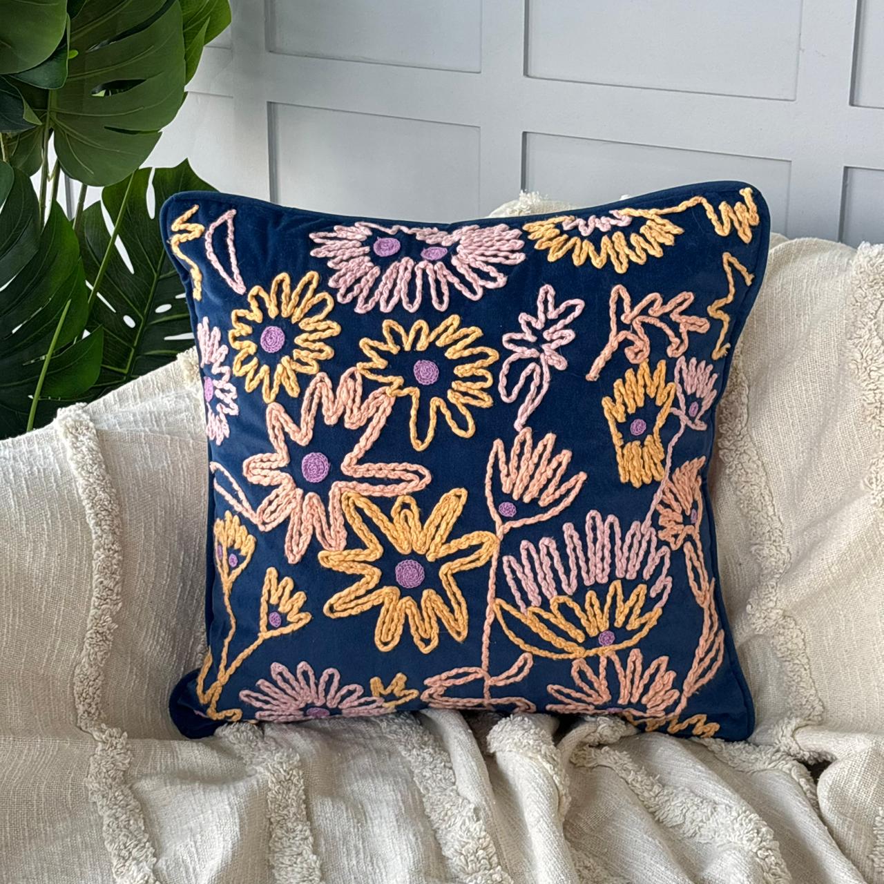 Indigo Meadow Cushion Cover Embroidery (18"x18")