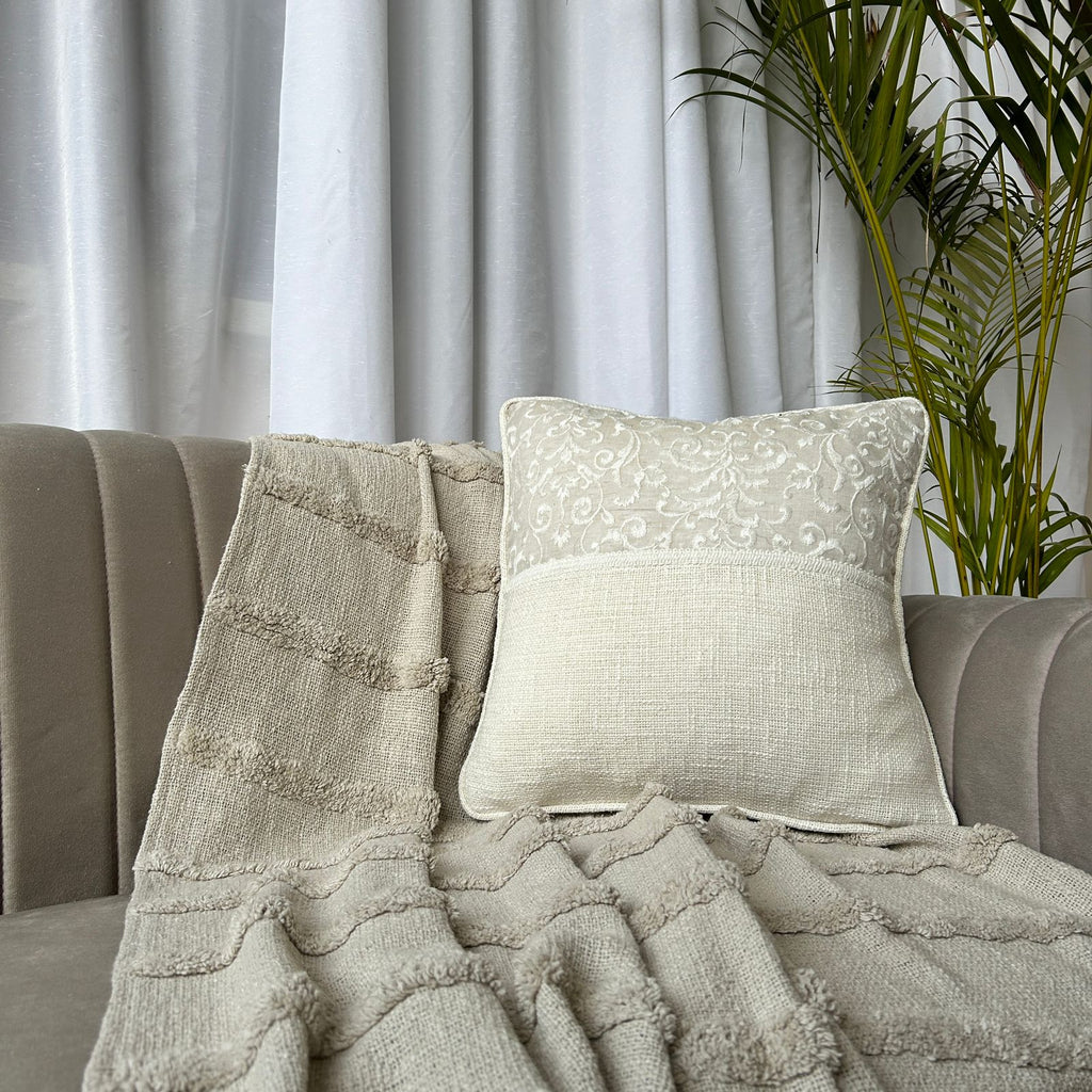 Ivory Scroll Embroidered Cotton Cushion Cover – Textured Design