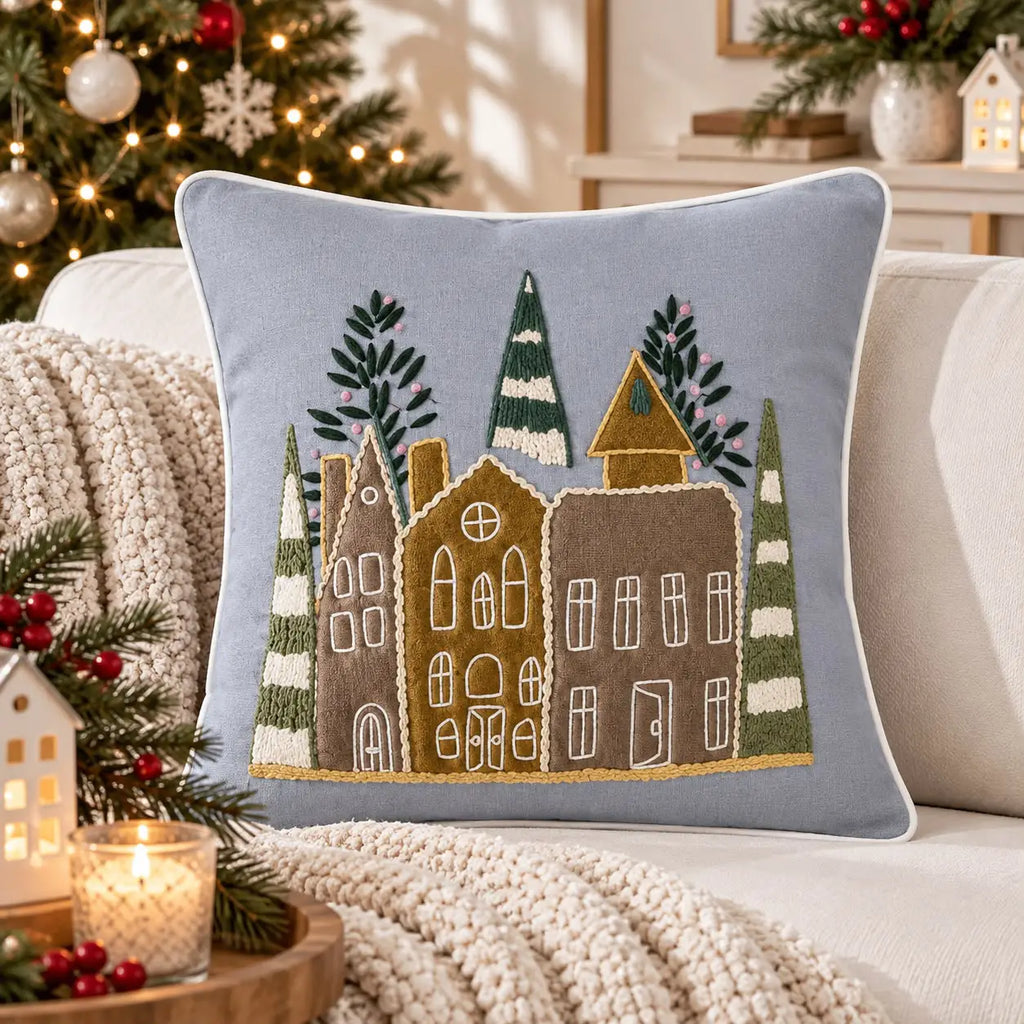 Christmas Village Embroidered Cotton Cushion Cover â€“ 16 Ã— 16 Inches