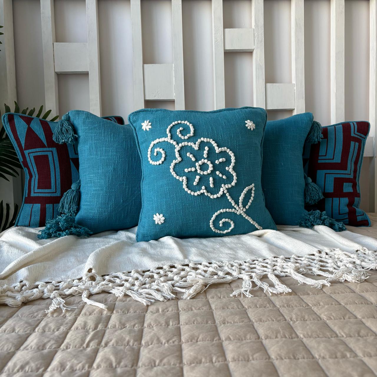 Slub-Cotton Embroidered Cushion Cover, 40cm X 40cm (16" X 16")