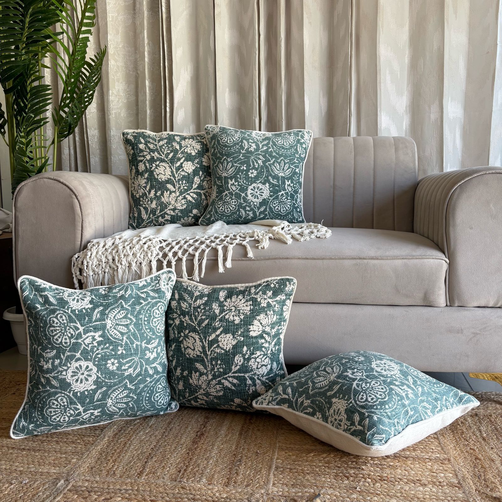 Slub-Cotton Printed Cushion Cover, 40cm X 40cm (16" X 16")